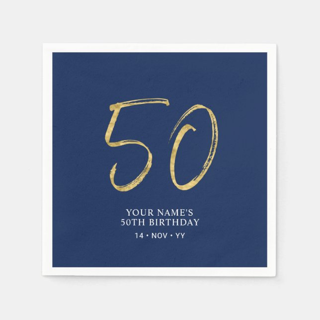 Fifty | Gold & Navy Blue Lettering 50th Birthday Napkin (Front)