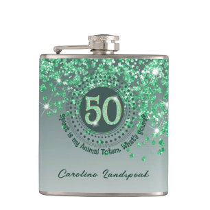 Fifty & Green Glitter & Drinking Quote Hip Flask