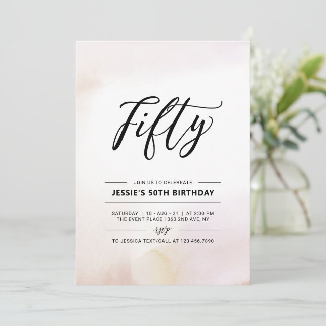 Fifty | Minimal 50th Birthday Party Watercolor Invitation (Standing Front)