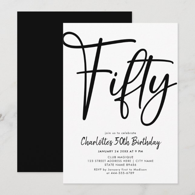 Fifty Modern 50th Black and White Birthday Party  Invitation (Front/Back)