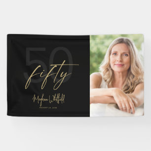 Fifty Modern Black Photo 50th Birthday Party Banner