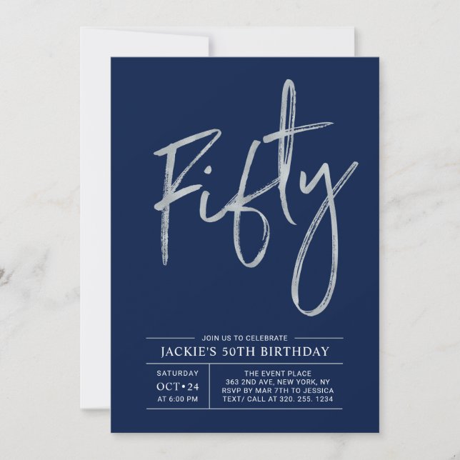 Fifty | Modern Brush Silver 50th Birthday Party Invitation (Front)
