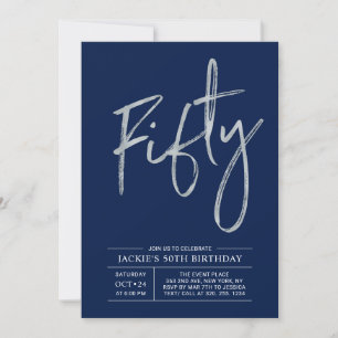 Fifty   Modern Brush Silver 50th Birthday Party Invitation