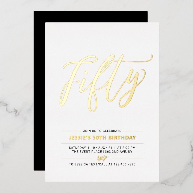 Fifty | Modern Gold 50th Birthday Party Foil Invit (Front/Back)
