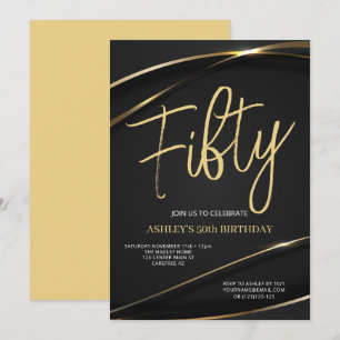 Fifty Modern Gold Black 50th Birthday Invitation