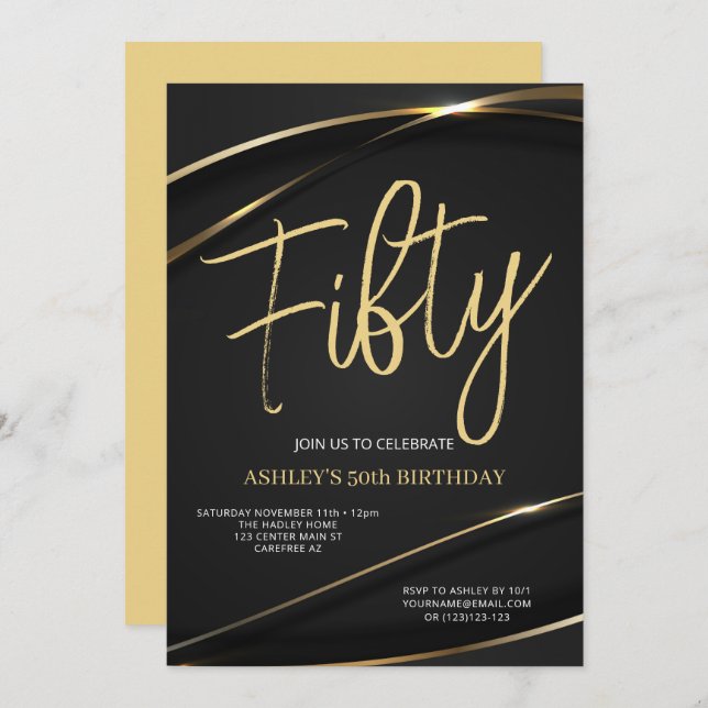 Fifty Modern Gold Black 50th Birthday Invitation (Front/Back)