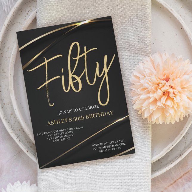 Fifty Modern Gold Black 50th Birthday Invitation (Creator Uploaded)