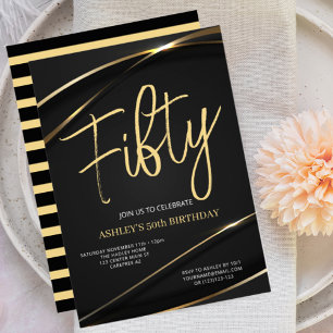 Fifty Modern Gold Black 50th Birthday Invitation