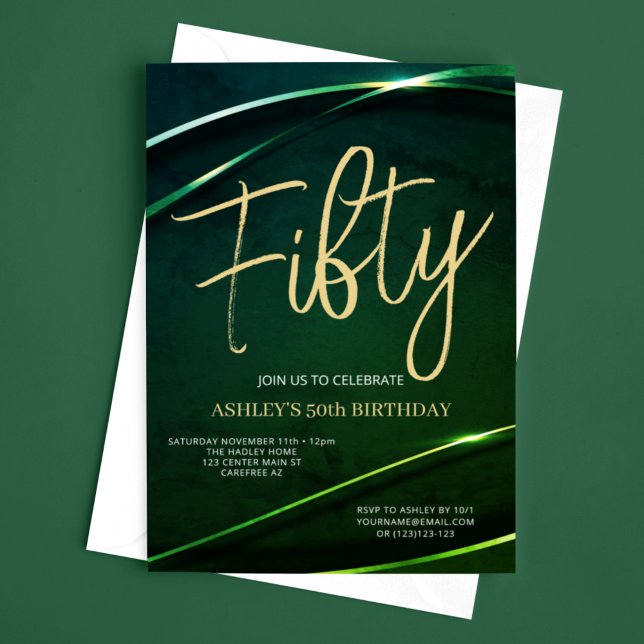 Fifty Modern Gold Green 50th Birthday Invitation (Creator Uploaded)