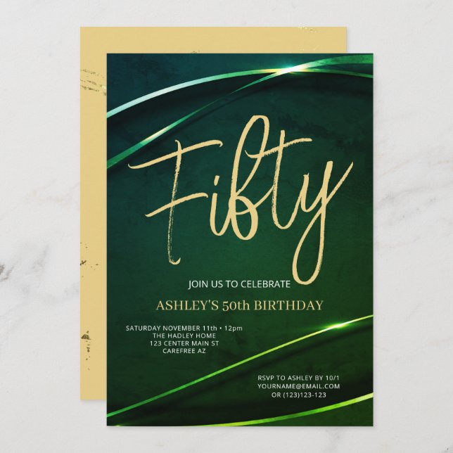 Fifty Modern Gold Green 50th Birthday Invitation (Front/Back)