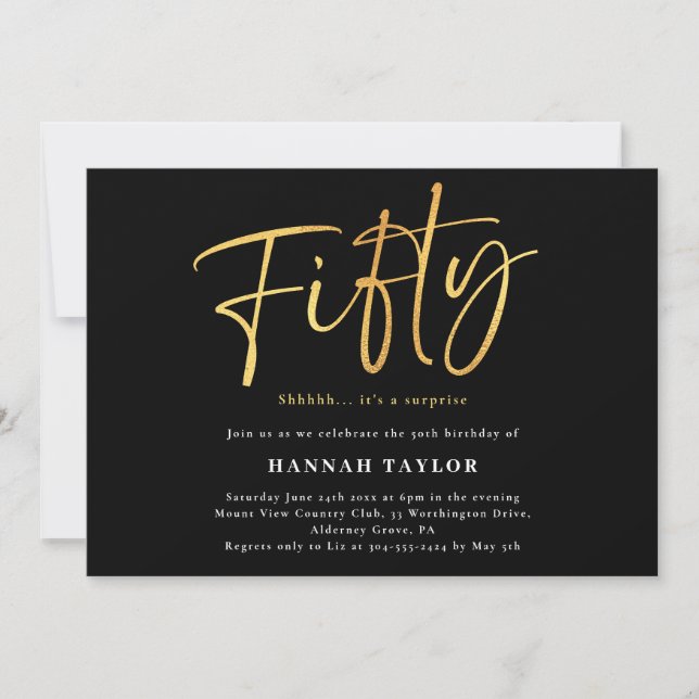 Fifty Modern Simple Black Gold 50th Birthday Invitation (Front)