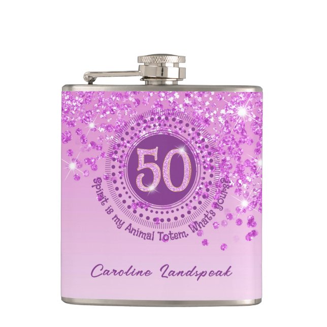 Fifty & Pink Glitter & Drinking Quote Hip Flask (Front)