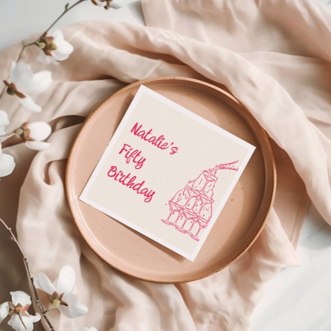 Fifty Pink Hand Drawn Champagne Tower Birthday Napkin (Creator Uploaded)