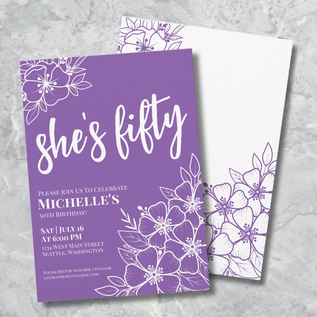 Fifty Purple 50th Birthday Party Invitation (Elegant Fifty Purple 50th Birthday Party Invitation)
