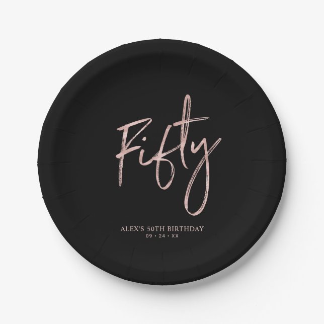 Fifty Rose Gold & Black 50th Birthday Party Paper Plate (Front)