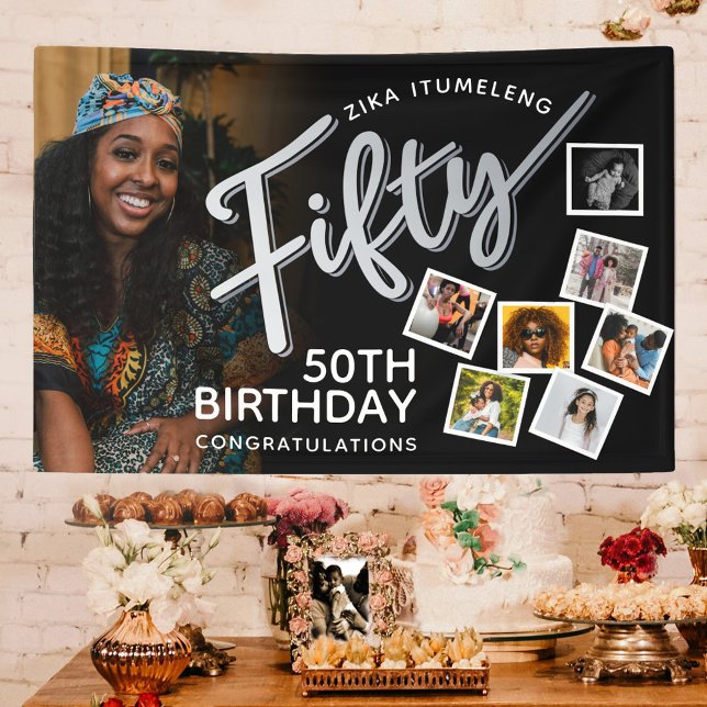 Fifty silver 50th Birthday photos on black Banner (Creator Uploaded)