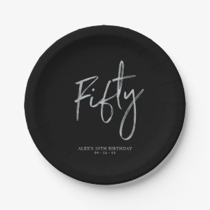 Fifty Silver & Black Lettering 50th birthday Paper Plate