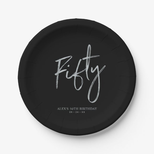 Fifty Silver & Black Lettering 50th birthday Paper Plate (Front)