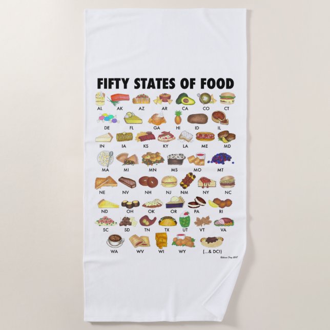 Fifty States of Food USA Iconic Illustration Art Beach Towel (Front)