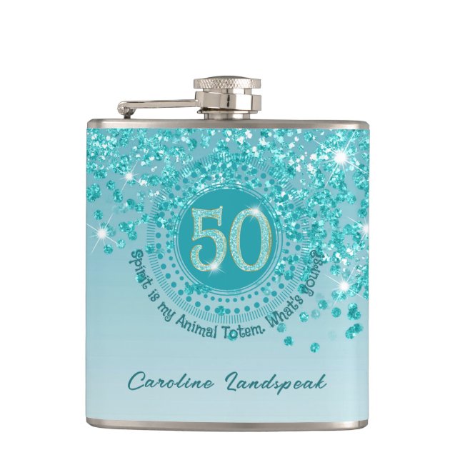 Fifty & Teal Blue Glitter & Drinking Quote Hip Flask (Front)