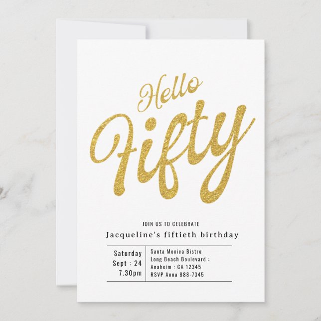 Fifty White And Gold Modern 50th Birthday Invitation (Front)