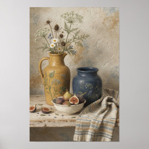 Fig Still Life with Mustard and Navy Vases Poster