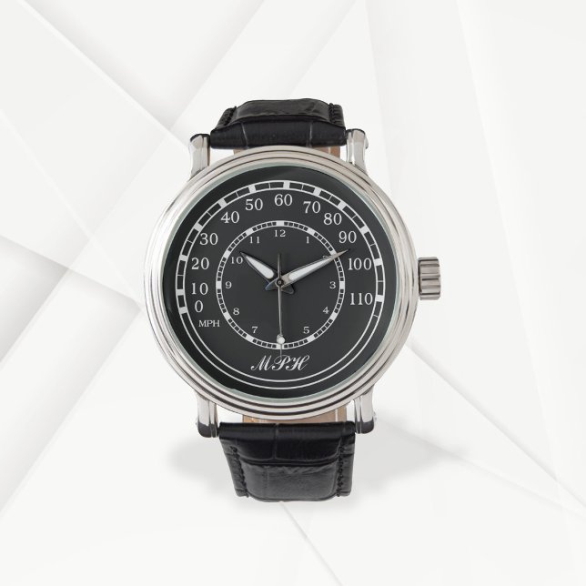 Figarations Classic Black MPH Speedometer Watch (Add your initials)