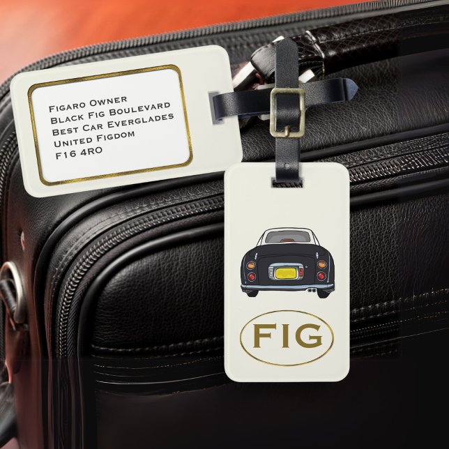 Figarations Monogram Black Figaro Car Luggage Tag (Fun black figgy luggage tag for your road trip adventures. Just add your initials & address details)
