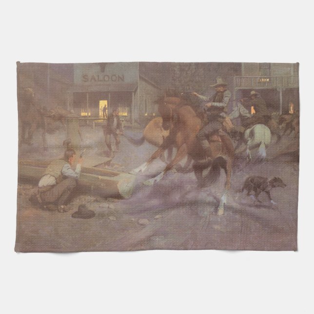 Fight at the Roundup Saloon by Bill Gollings Tea Towel (Horizontal)