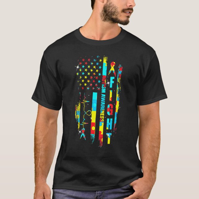 Fight Autism Awareness American Flag Stethoscope N T-Shirt (Front)