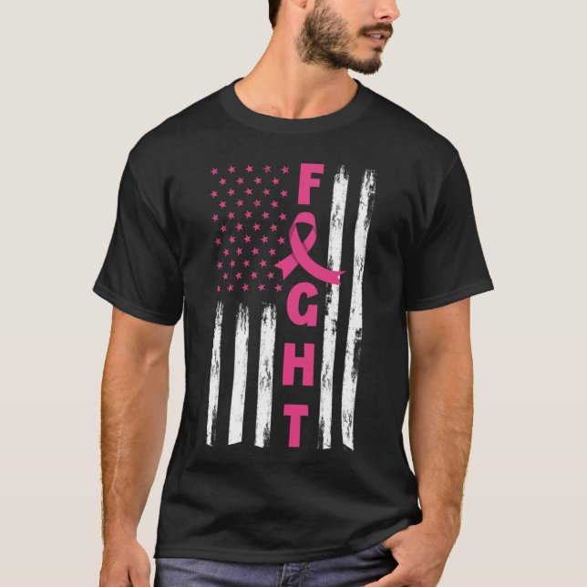 Fight Breast Cancer American US Flag Breast Cancer T-Shirt (Front)