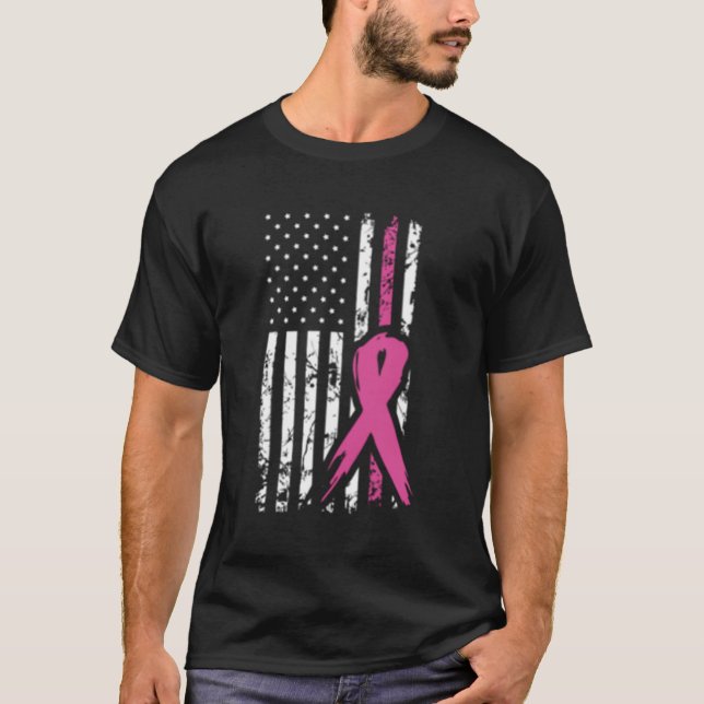 Fight Breast Cancer Awareness Month American Flag  T-Shirt (Front)
