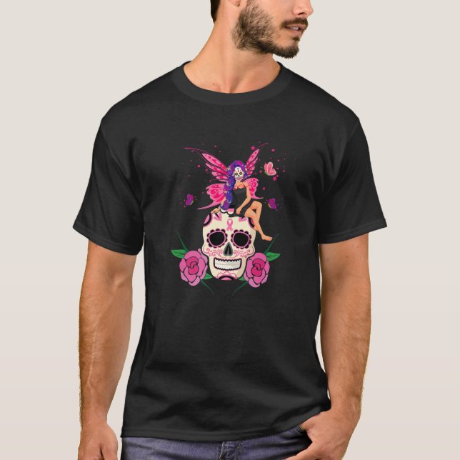 Fight Breast Cancer Sugar Skull Fan T-Shirt (Front)