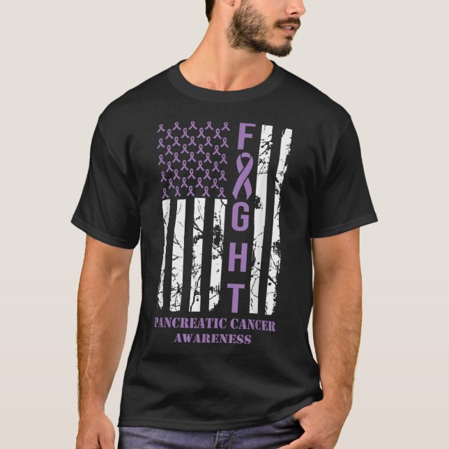 Fight Flag Purple Ribbon Support Pancreatic Cancer T-Shirt (Front)