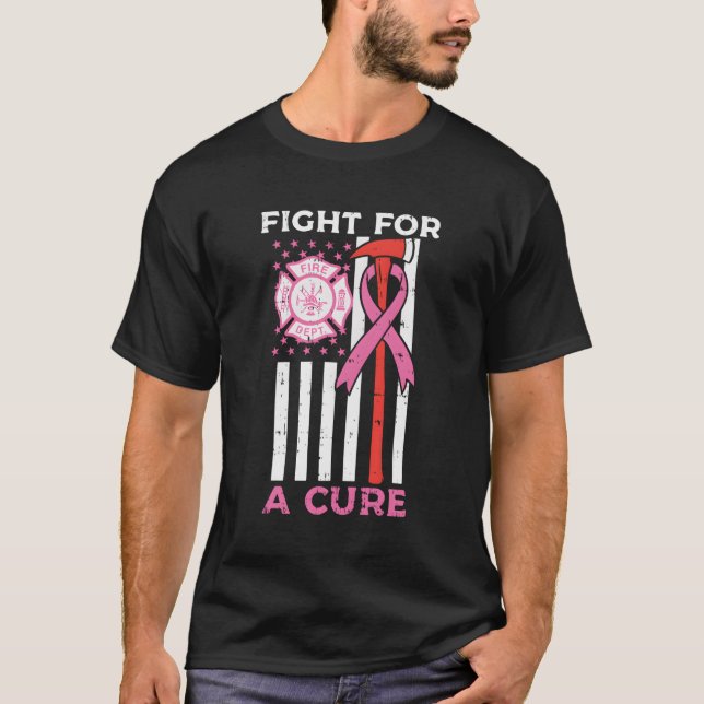 Fight For A Cure Firefighter Us Flag Breast Cancer T-Shirt (Front)