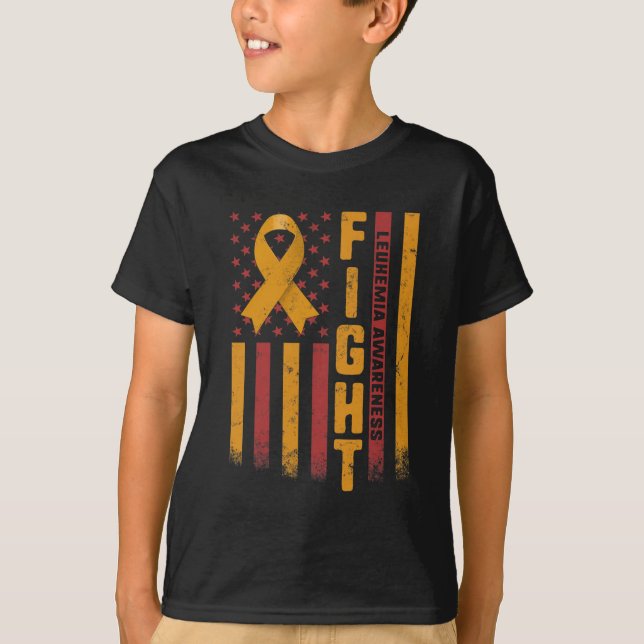 Fight Leukaemia Awareness Orange Ribbon USA Flag W T-Shirt (Front)