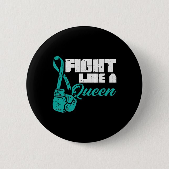 Fight Like Queen Teal Boxing Gloves Ovarian Cancer 6 Cm Round Badge (Front)