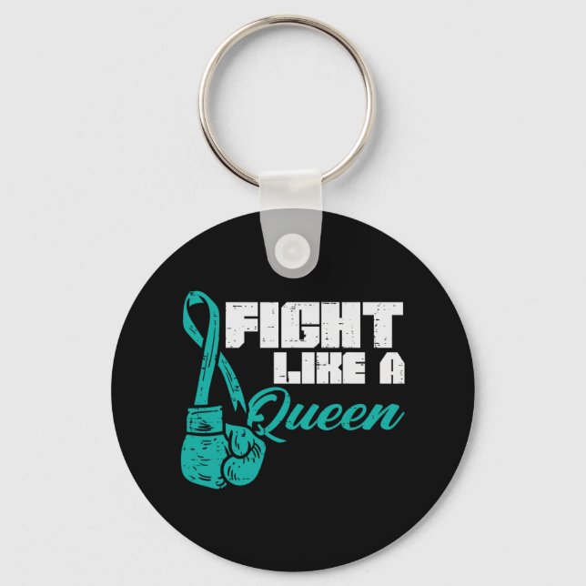Fight Like Queen Teal Boxing Gloves Ovarian Cancer Key Ring (Front)