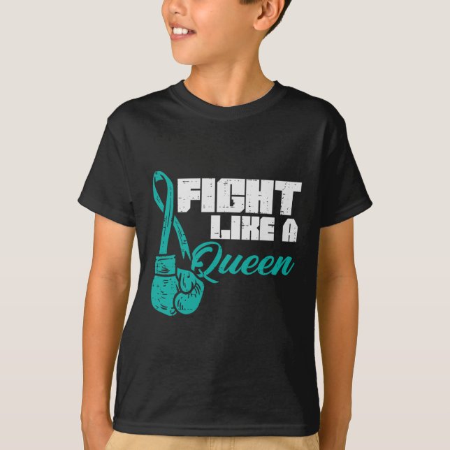 Fight Like Queen Teal Boxing Gloves Ovarian Cancer T-Shirt (Front)