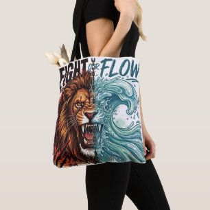 Fight or Flow Lion and Water Wave Design Tote Bag