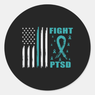 Fight Ptsd Teal Ribbon And Flag  Classic Round Sticker