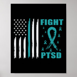 Fight Ptsd Teal Ribbon And Flag Poster
