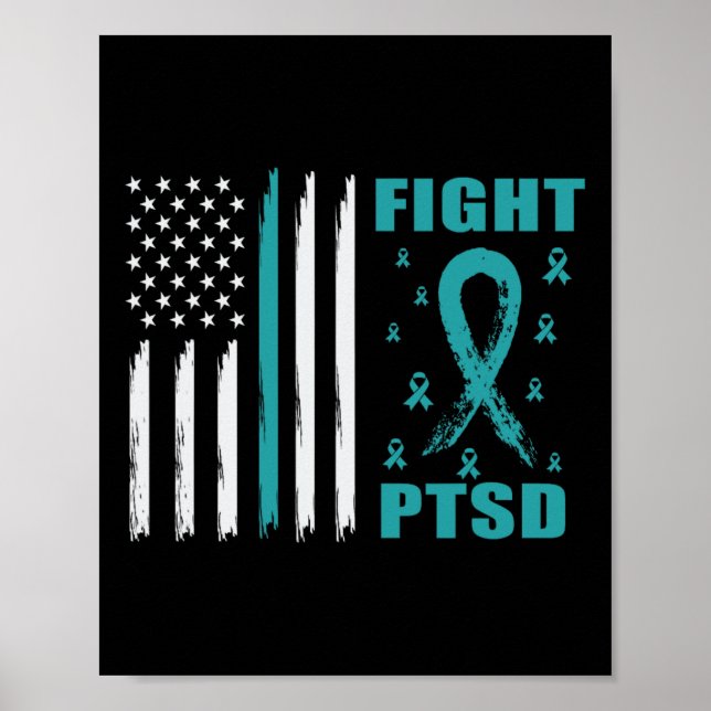 Fight Ptsd Teal Ribbon And Flag  Poster (Front)