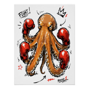 Fight Round 1 Boxing Octopus – Bold Hand-Drawn Poster