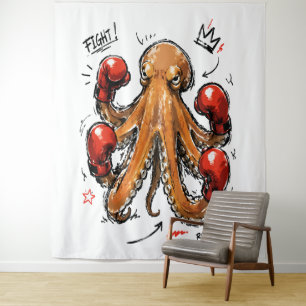 Fight Round 1 Boxing Octopus – Bold Hand-Drawn Tapestry