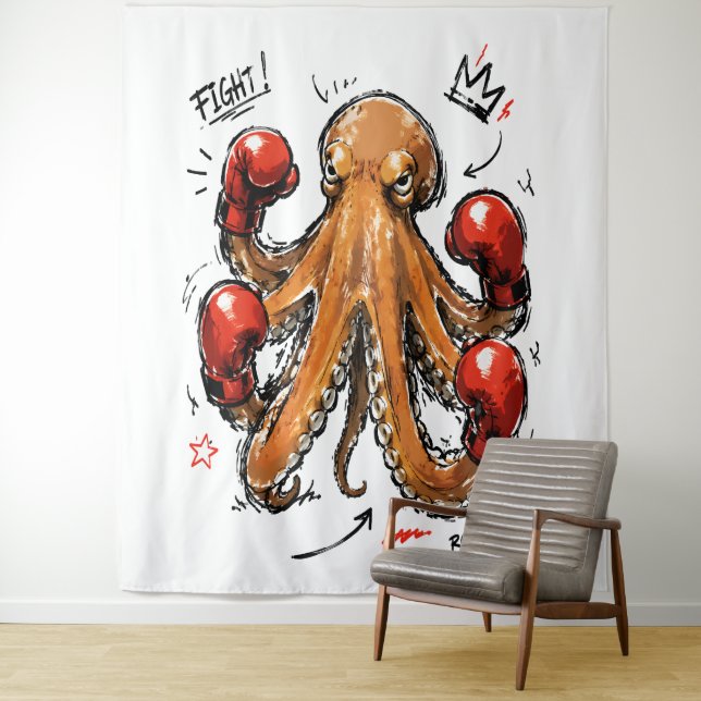 Fight Round 1 Boxing Octopus – Bold Hand-Drawn Tapestry (In Situ)