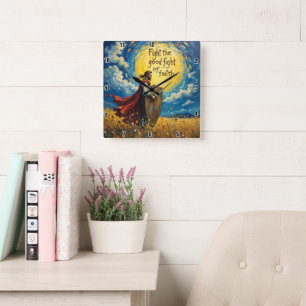 Fight the good fight of faith square wall clock