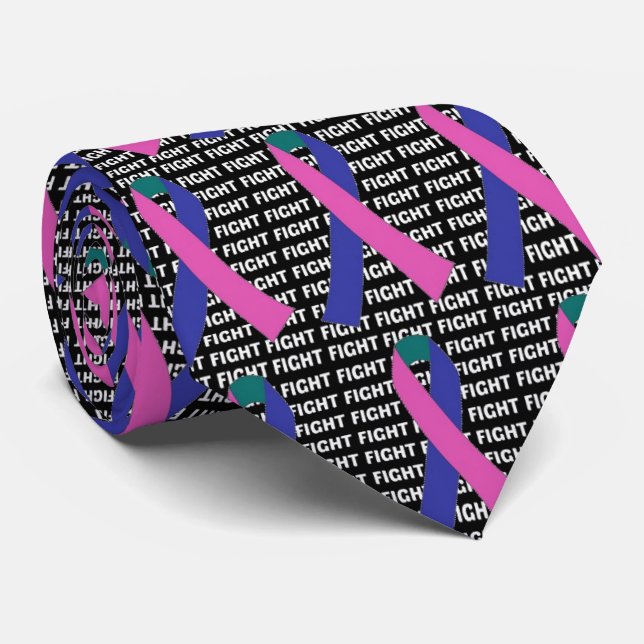 Fight Thyroid Cancer Teal Pink Blue Ribbon Tie (Rolled)