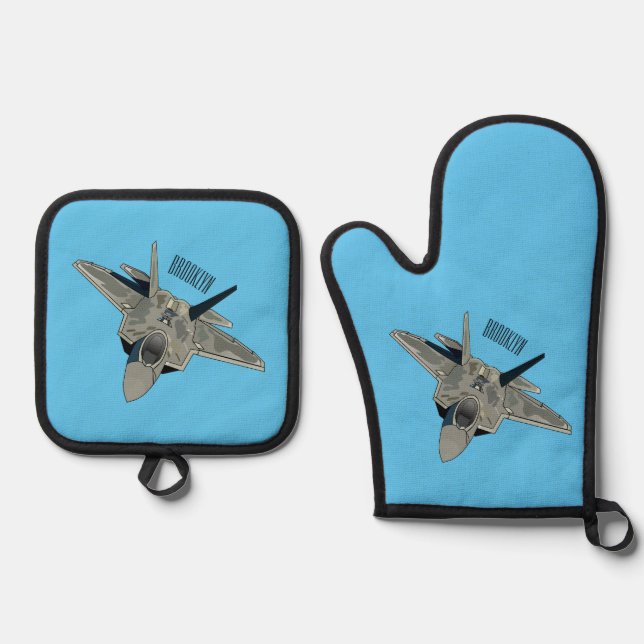 Fighter aircraft cartoon illustration oven mitt & pot holder set (Front)
