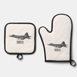 Fighter aircraft cartoon illustration oven mitt & pot holder set